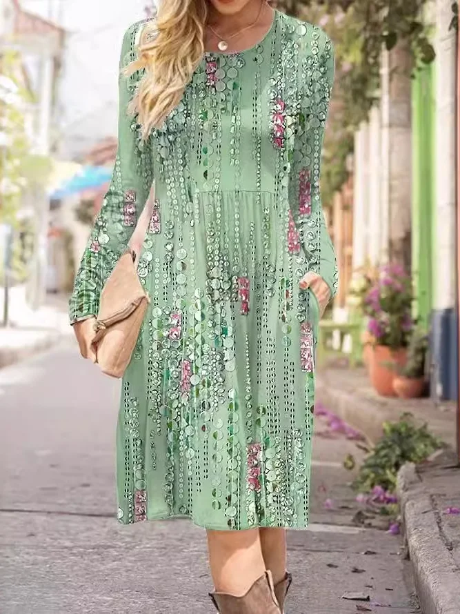 Women Floral Crew Neck Long Sleeve Comfy Casual Midi Dress