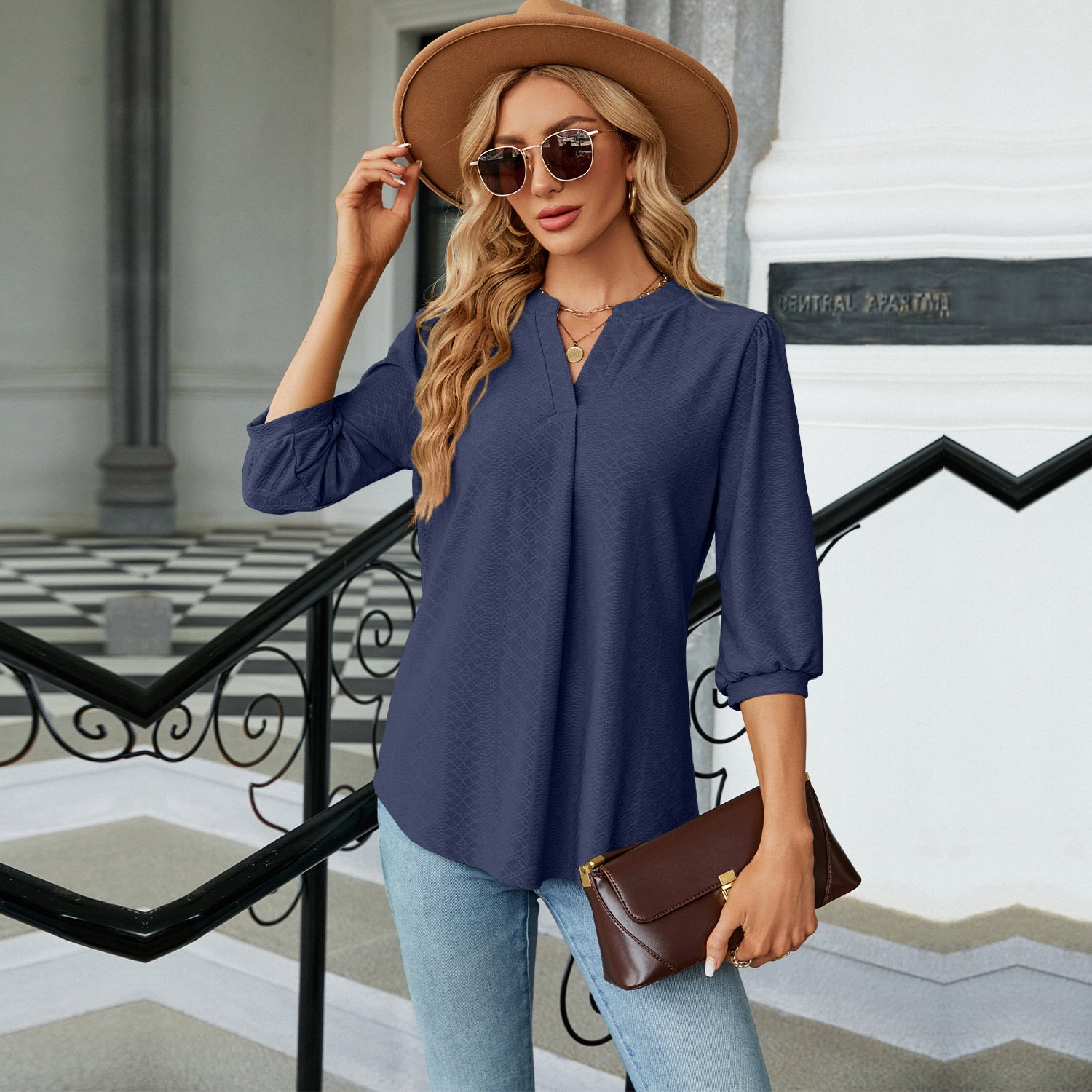 V Neck Balloon Sleeve Half Sleeve Plain Regular Regular Fit Shirt For Women