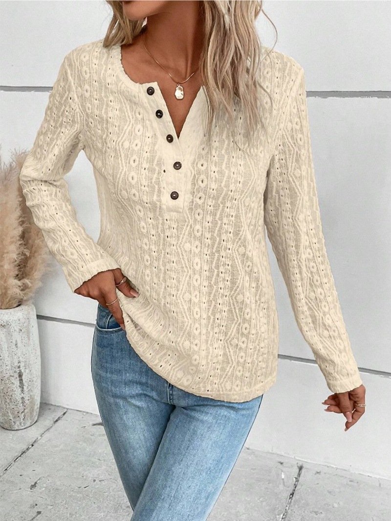 Crew Neck Long Sleeve Plain Zipper Regular Loose Blouse For Women