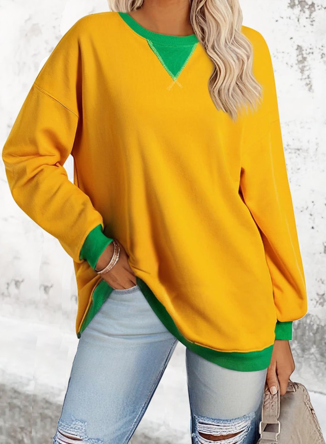 Casual V Neck Contrast Stitching Sweatshirt Split Joint