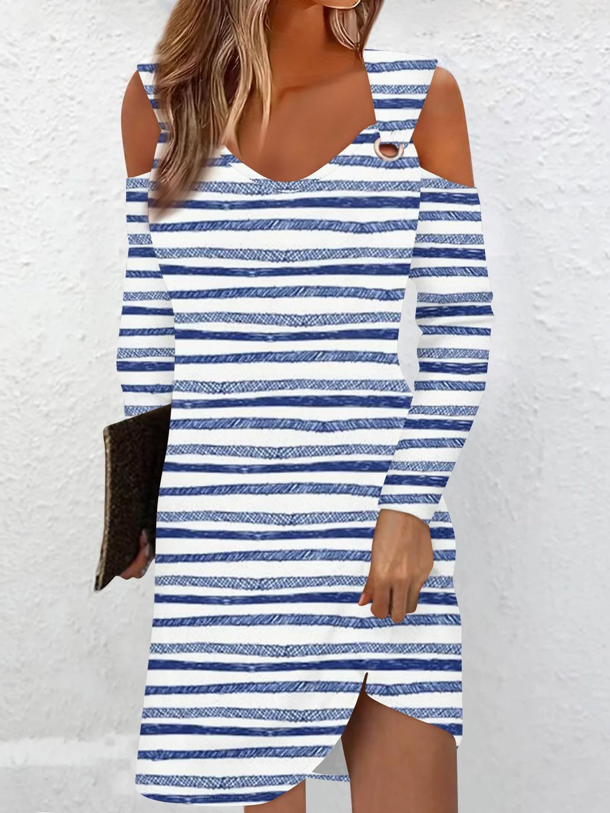 Women Striped Crew Neck Long Sleeve Comfy Casual Midi Dress