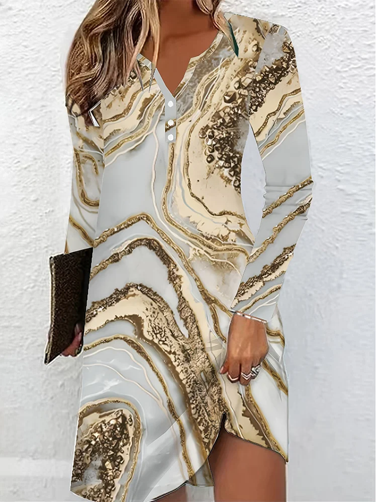 Women Abstract Notched Long Sleeve Comfy Casual Midi Dress