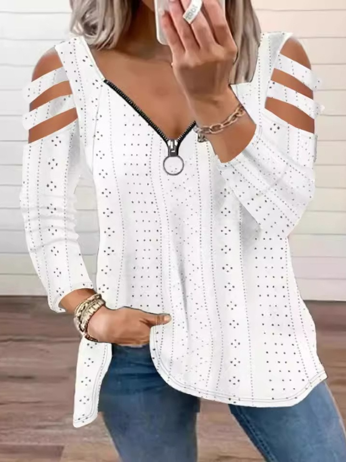 V Neck Long Sleeve Floral Zipper Regular Loose Blouse For Women