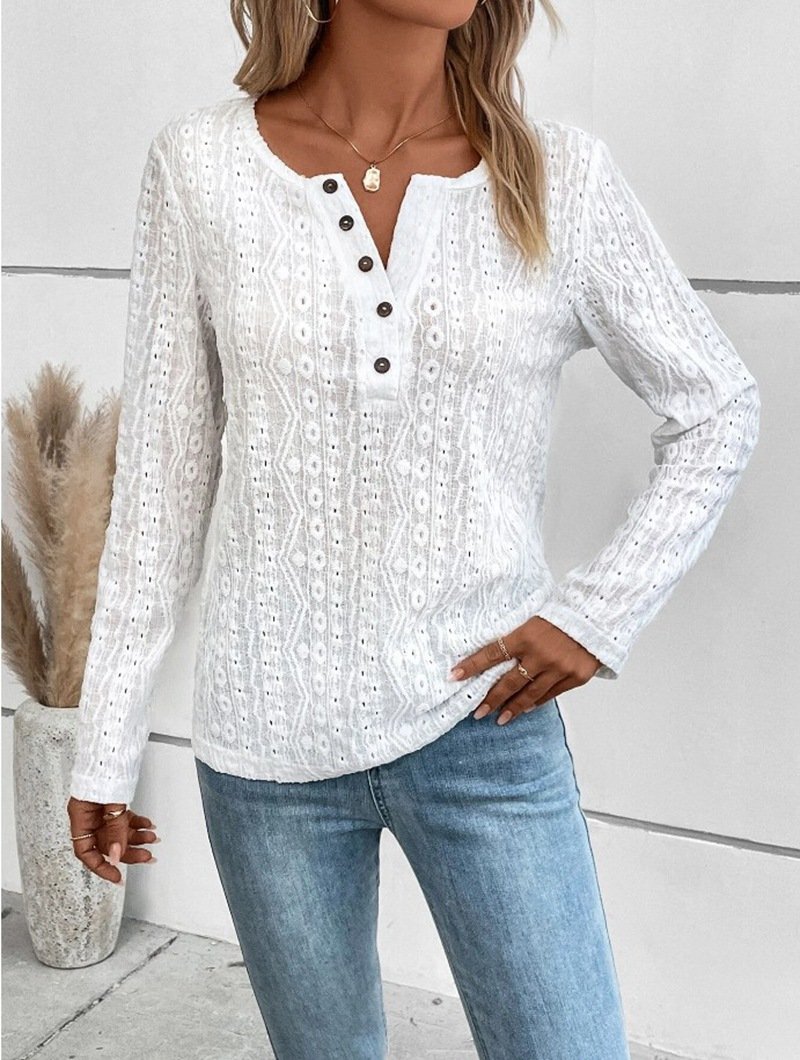 Crew Neck Long Sleeve Plain Zipper Regular Loose Blouse For Women