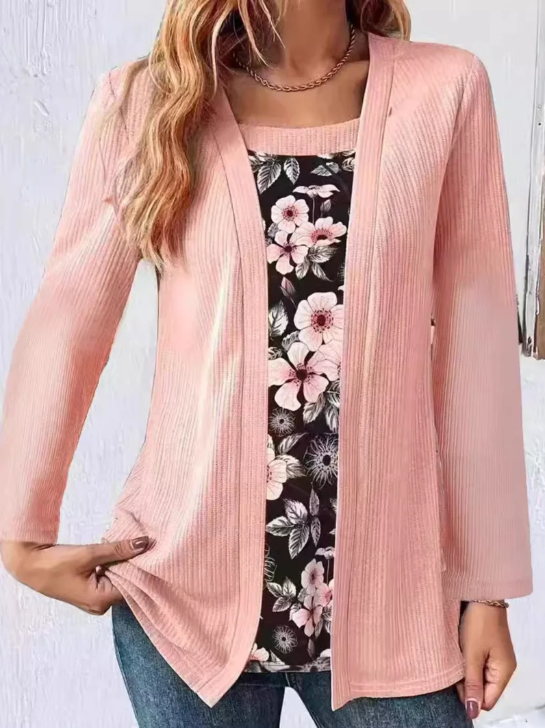 Square Neck Long Sleeve Floral Regular Micro-Elasticity Loose Mock Two-Piece Blouse For Women