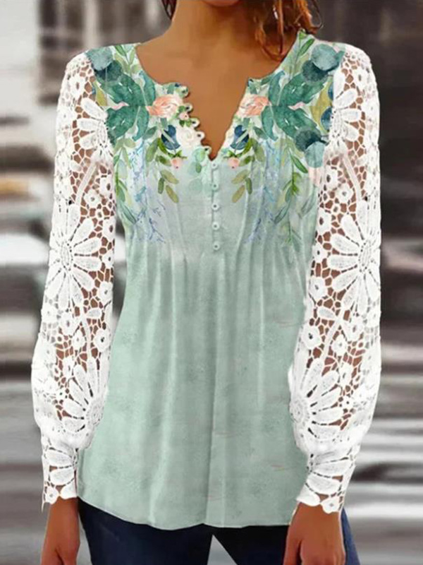 V Neck Long Sleeve Floral Lace Regular Loose Blouse For Women