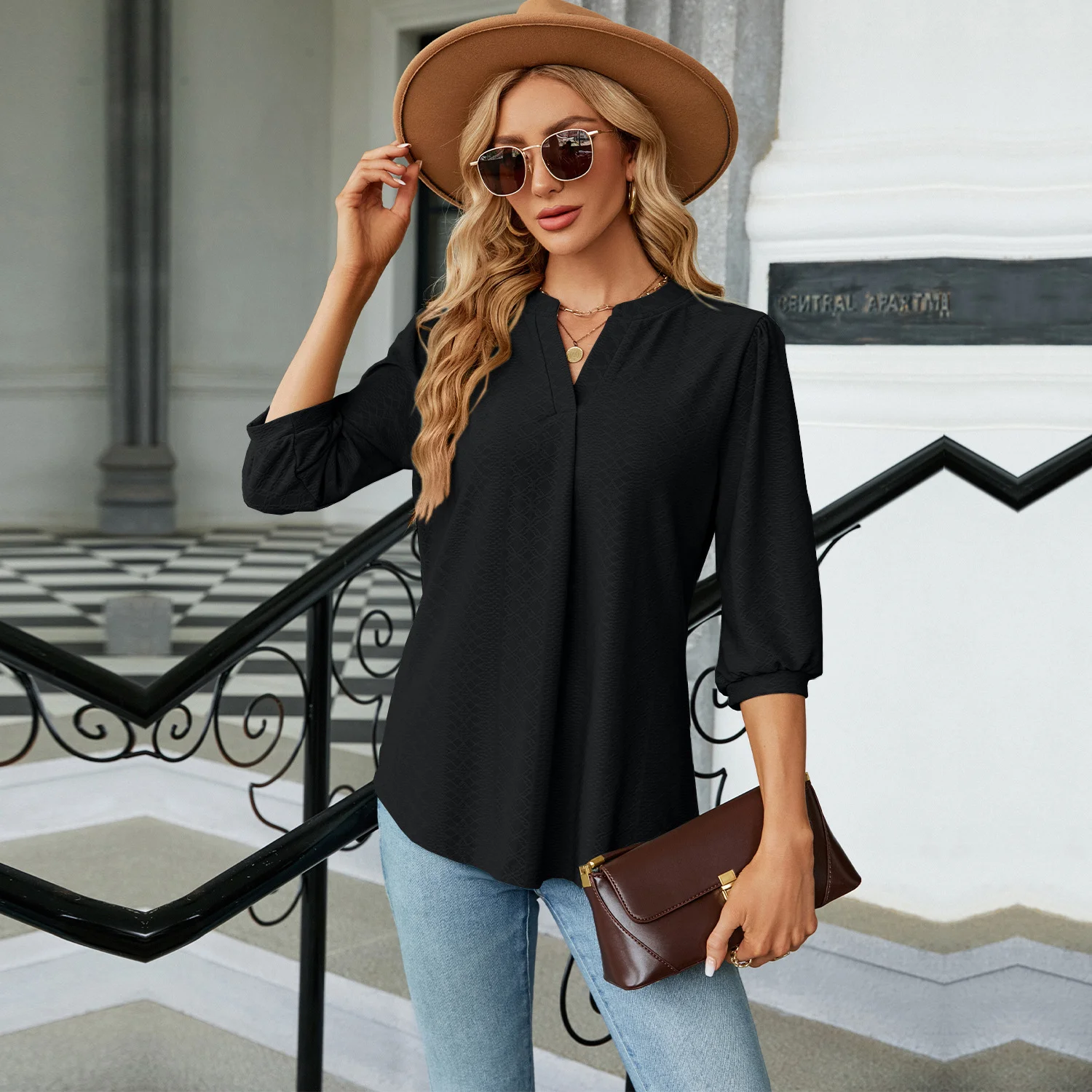 V Neck Balloon Sleeve Half Sleeve Plain Regular Regular Fit Shirt For Women