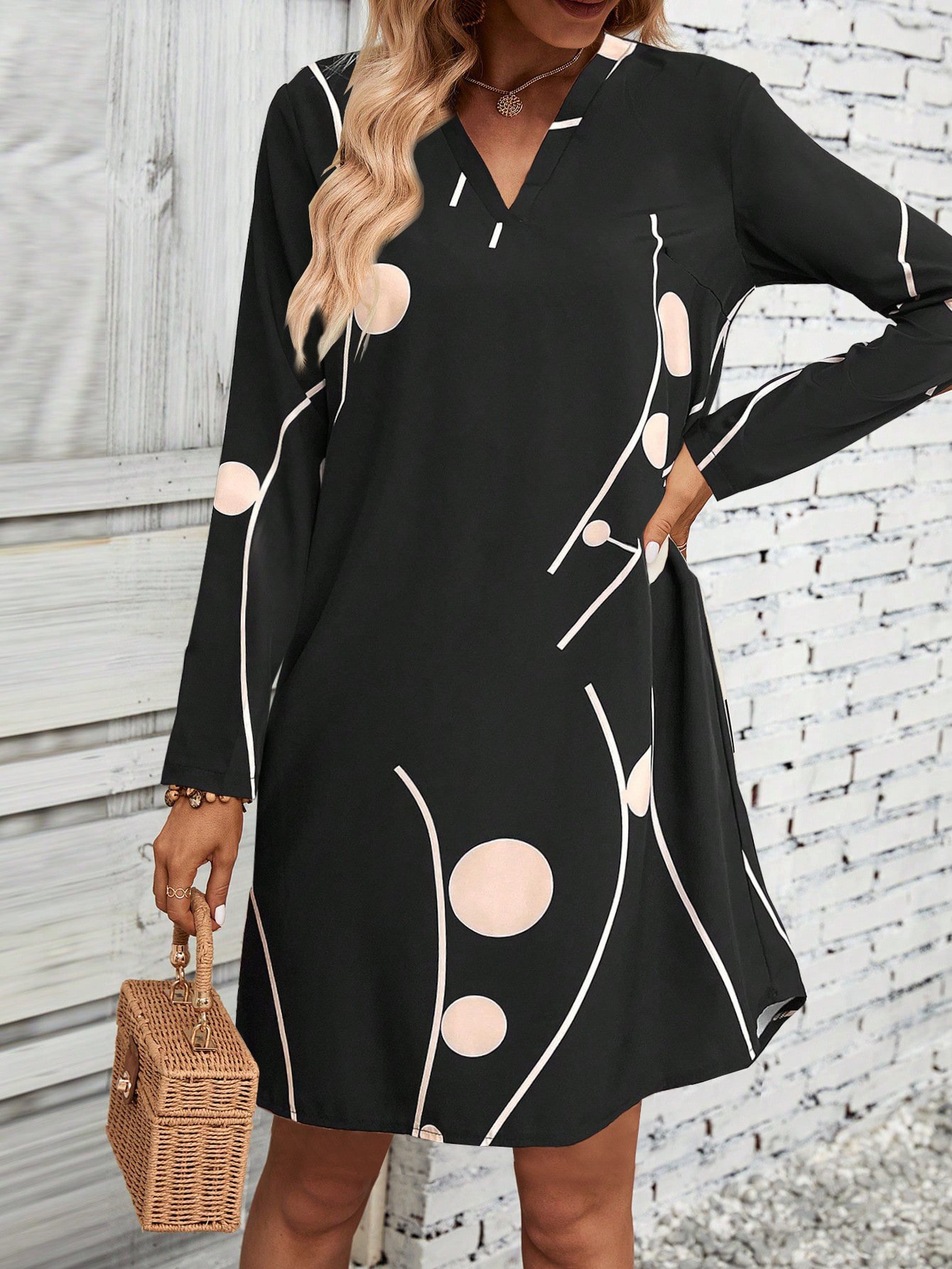 Women Polka Dots V Neck Long Sleeve Comfy Casual Mini Dress