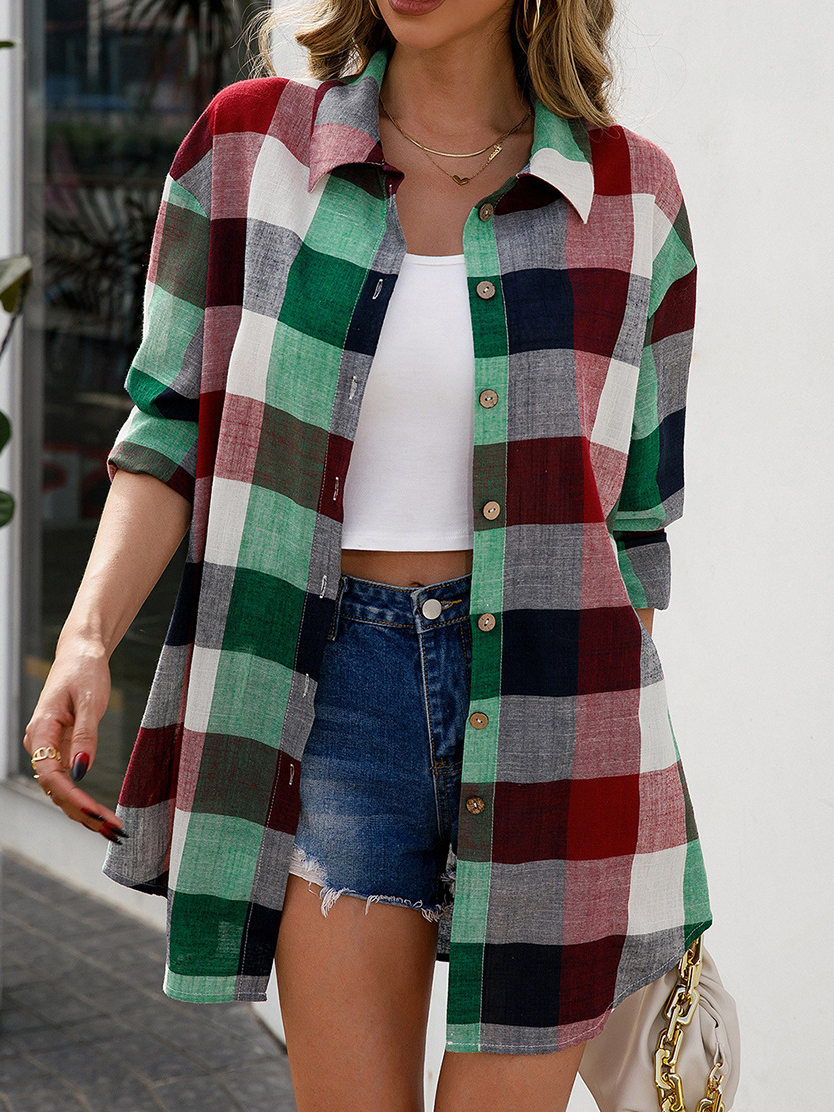 Shirt Collar Long Sleeve Plaid Regular Loose Shirt For Women