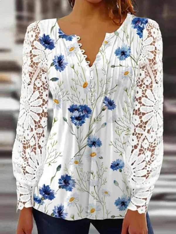 V Neck Long Sleeve Floral Lace Regular Loose Blouse For Women