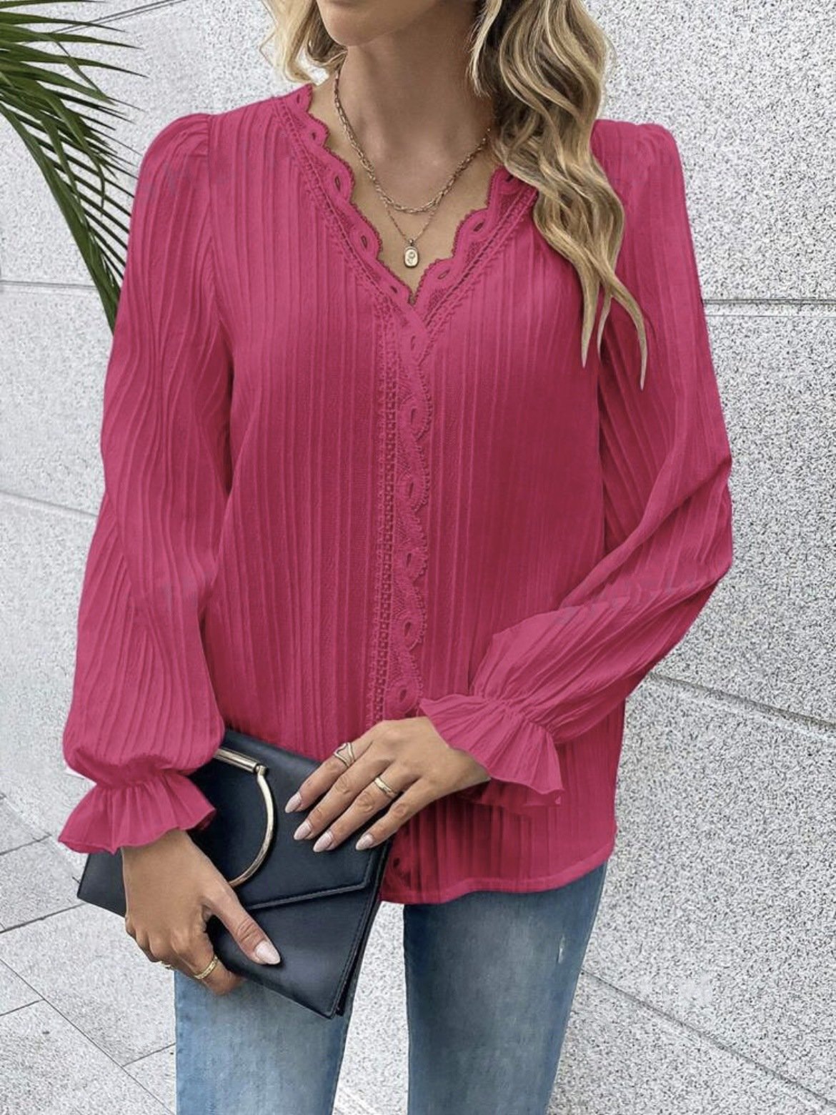 V Neck Long Sleeve Plain Lace Regular Loose Blouse For Women