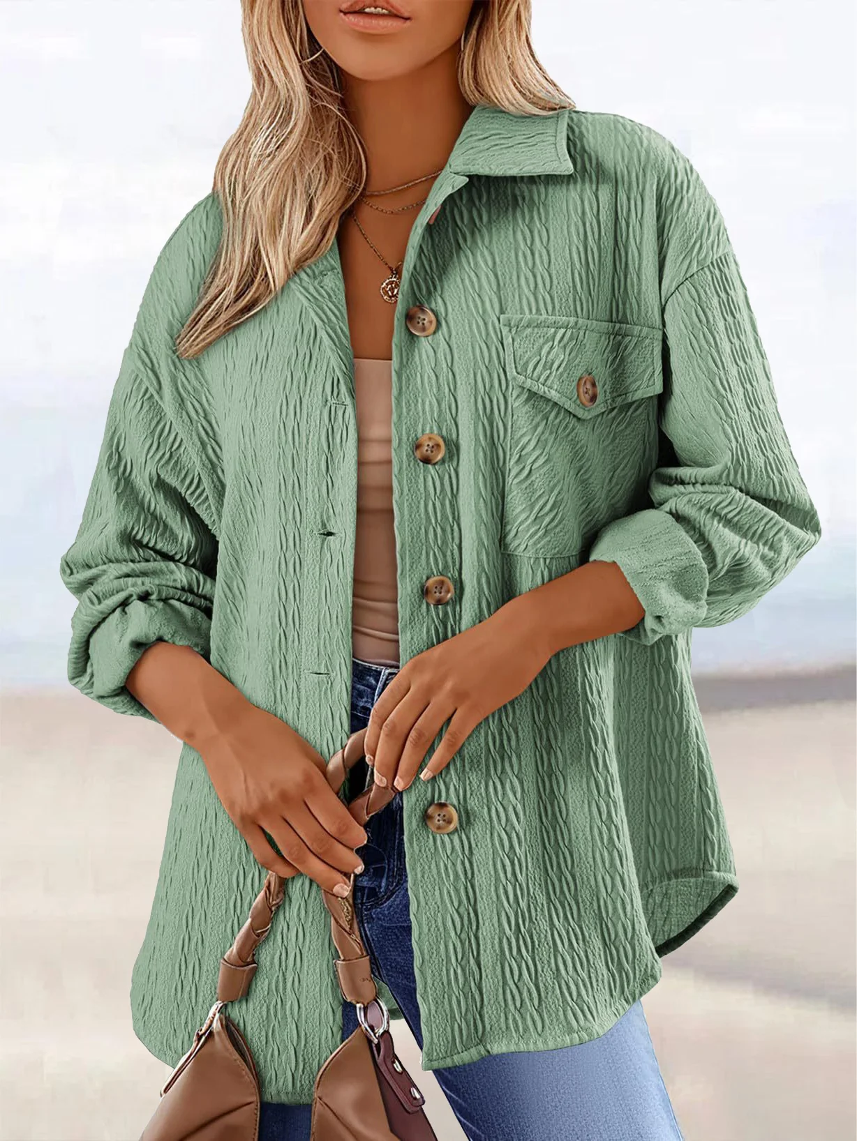 Women's Plain Shirt Jacket Jacquard Regular Loose Jacket