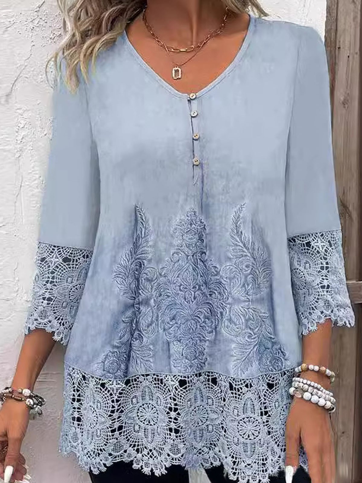 V Neck Three Quarter Sleeve Floral Lace Regular Loose Blouse For Women