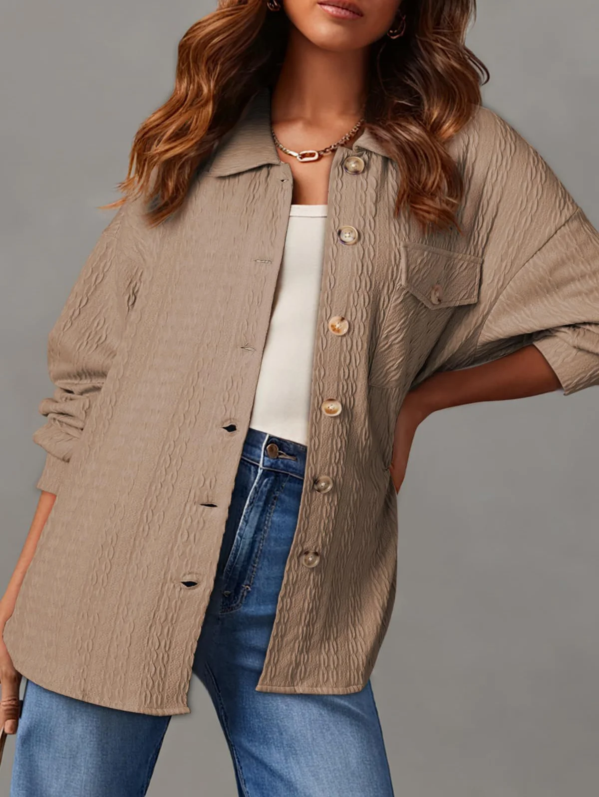 Women's Plain Shirt Jacket Jacquard Regular Loose Jacket