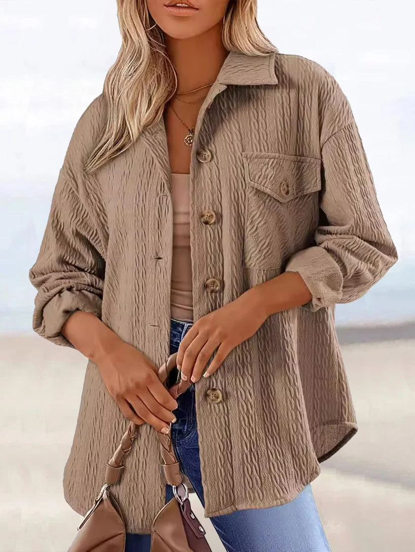 Women's Plain Shirt Jacket Jacquard Regular Loose Jacket