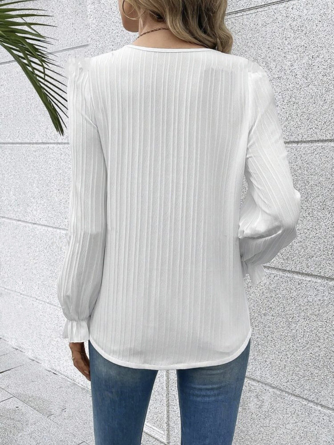 V Neck Long Sleeve Plain Lace Regular Loose Blouse For Women