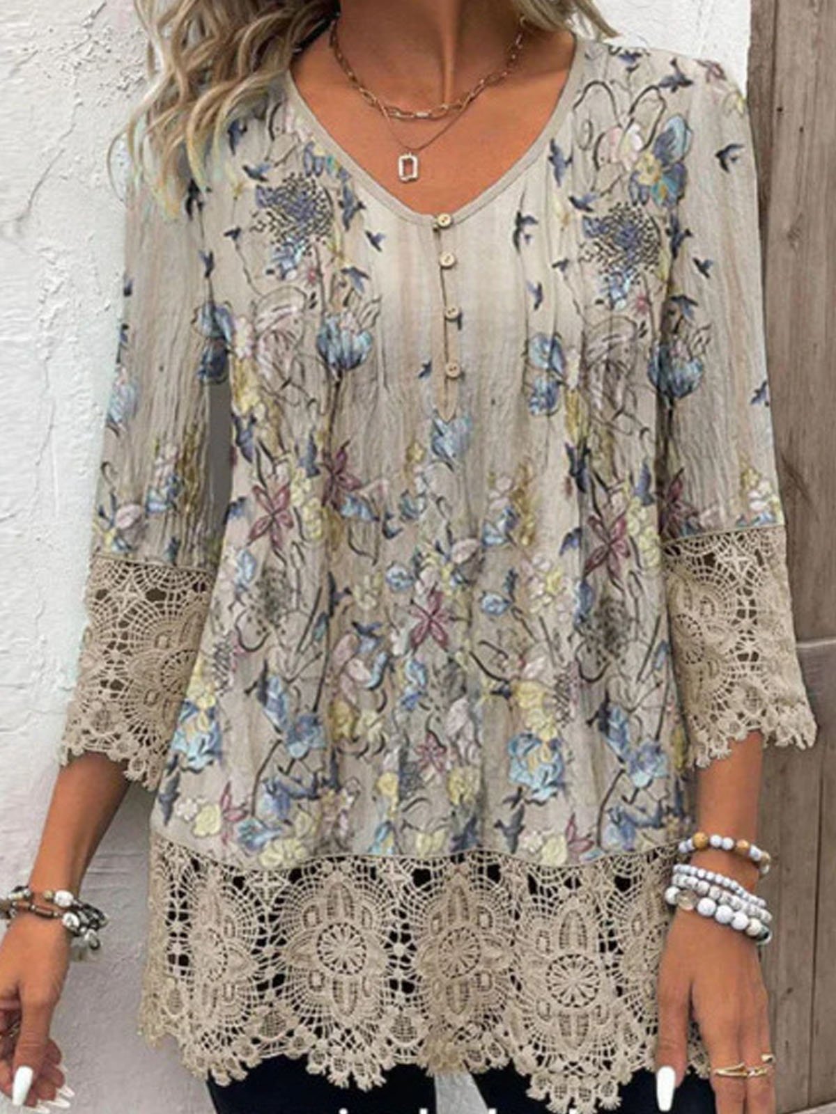 V Neck Three Quarter Sleeve Floral Lace Regular Loose Blouse For Women