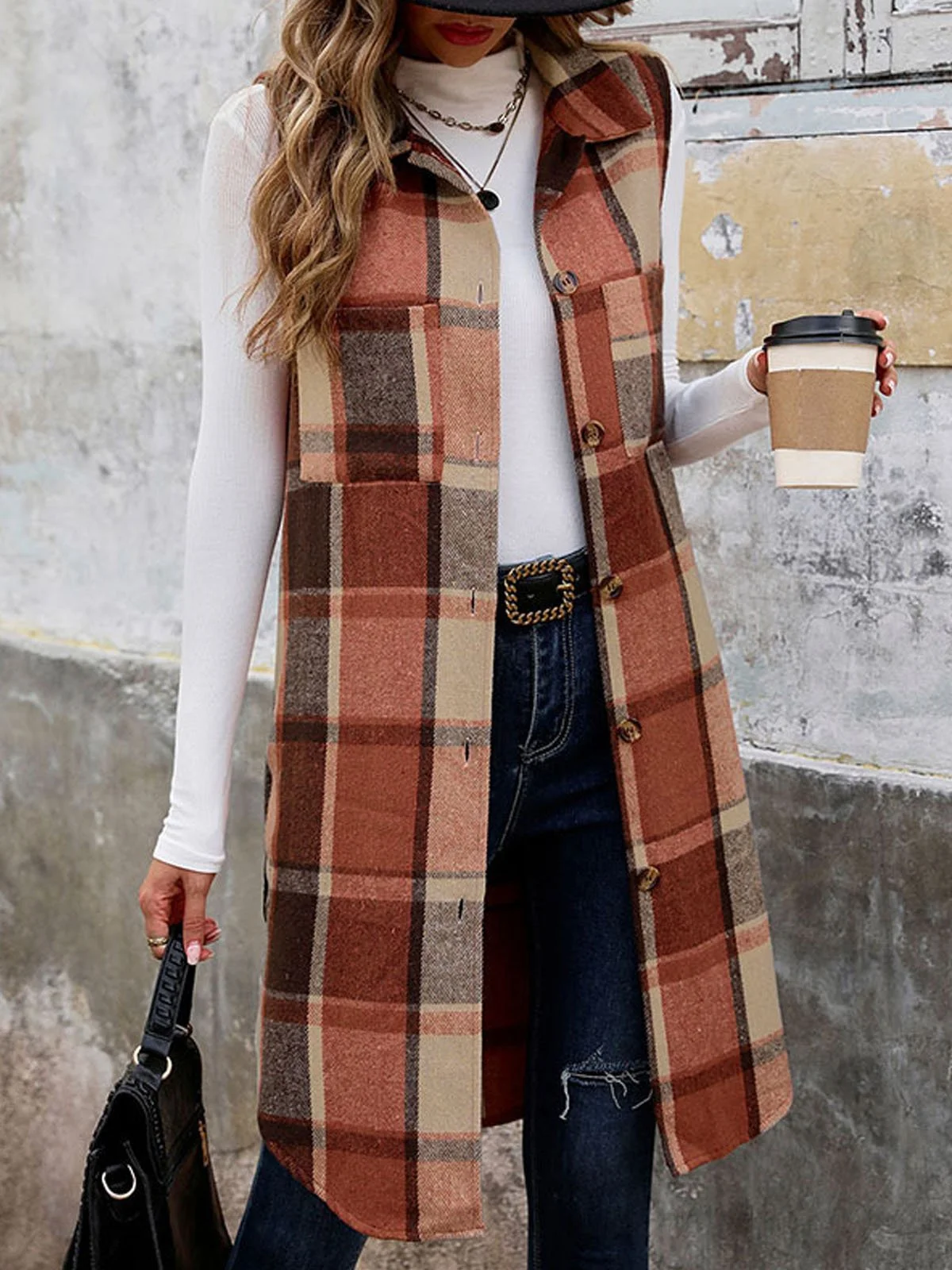 Women's Plaid Buckle Regular Loose Vest