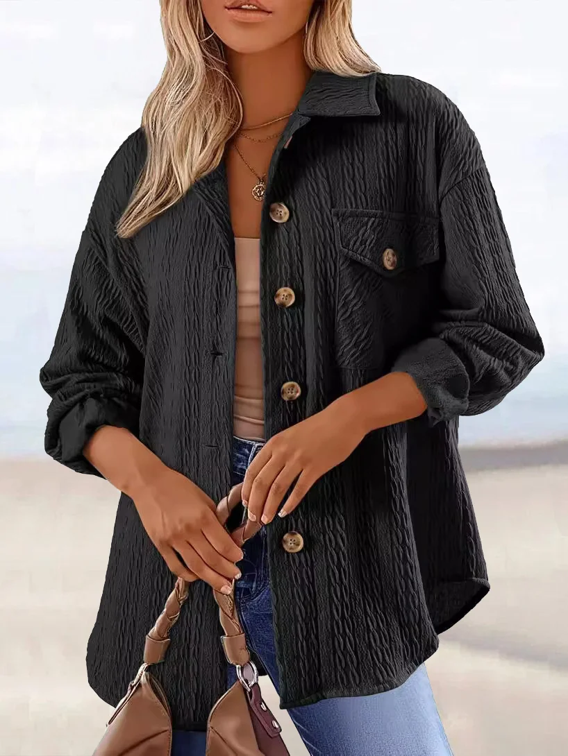 Women's Plain Shirt Jacket Jacquard Regular Loose Jacket