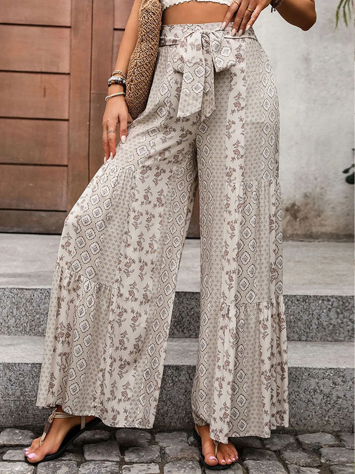 Casual Floral Long Lace-up Loose Pants