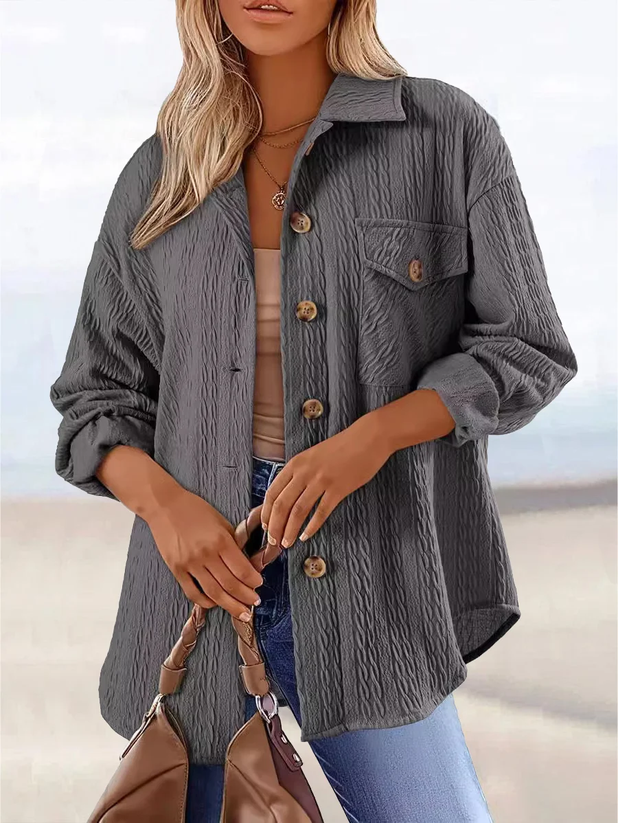 Women's Plain Shirt Jacket Jacquard Regular Loose Jacket