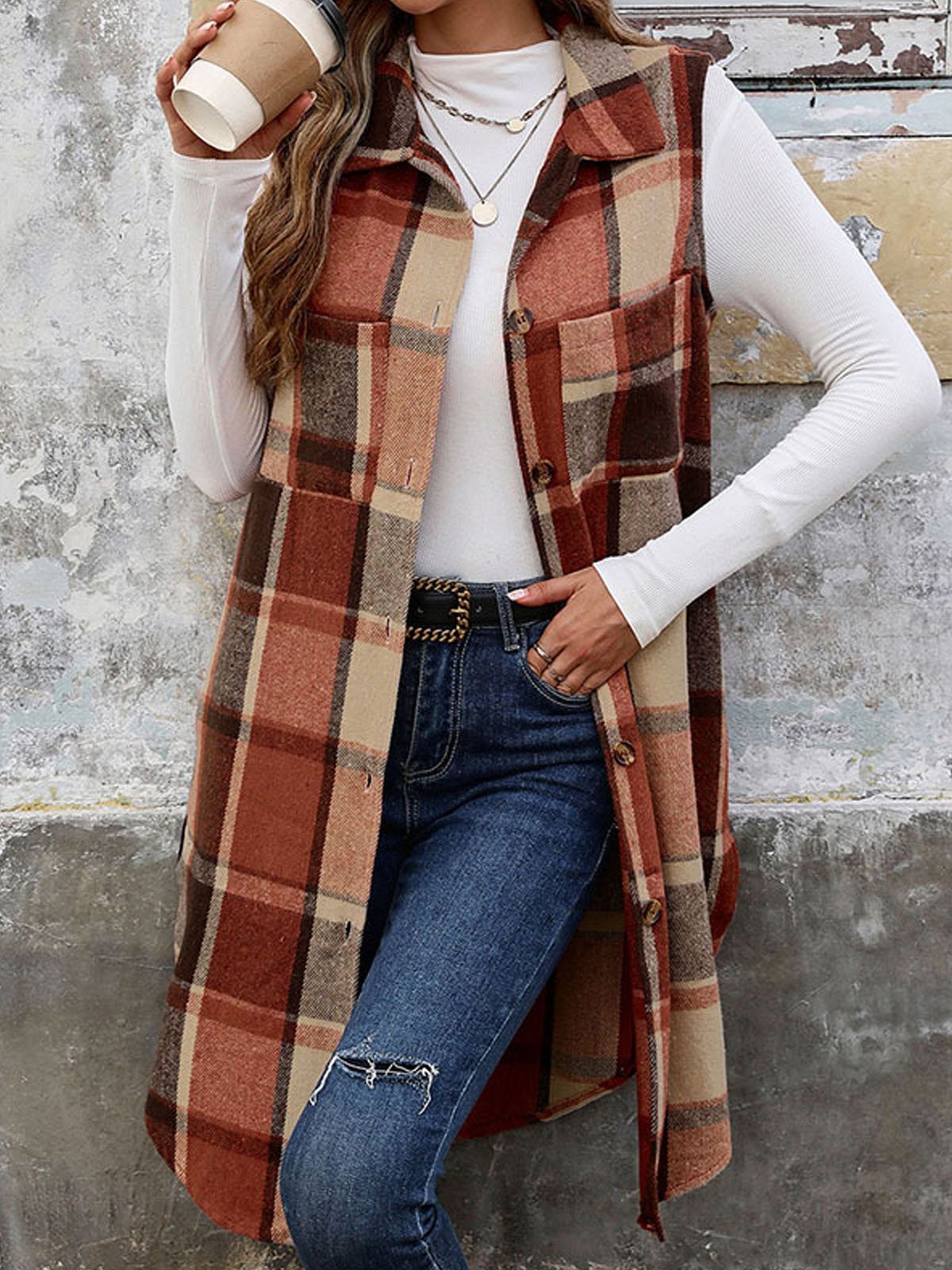 Women's Plaid Buckle Regular Loose Vest