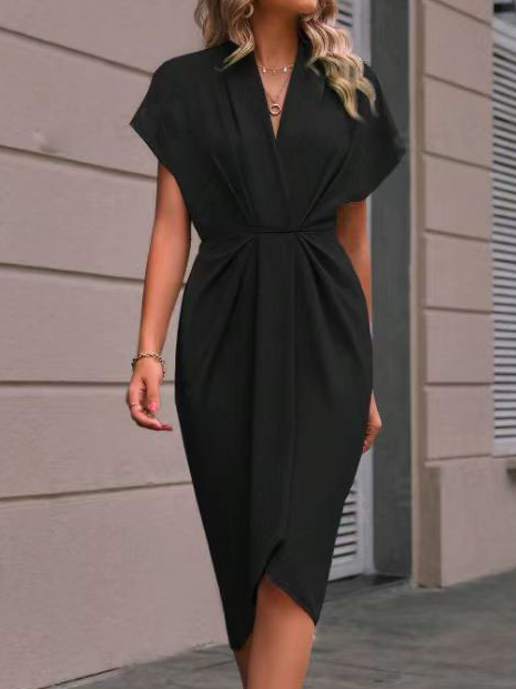 Women Plain V Neck Short Sleeve Comfy Urban Cross Midi Dress