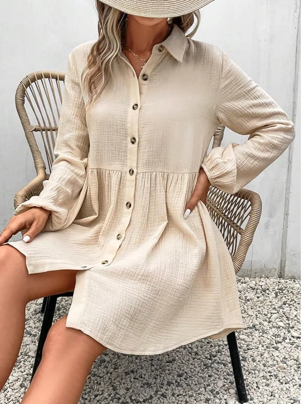 Women Plain Shawl Collar Long Sleeve Comfy Casual Buttoned Midi Dress