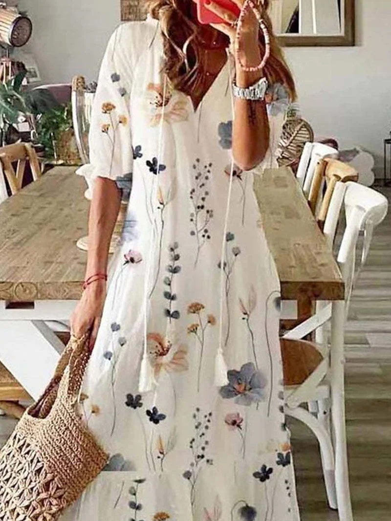 Women Floral V Neck Three Quarter Sleeve Comfy Casual Maxi Dress