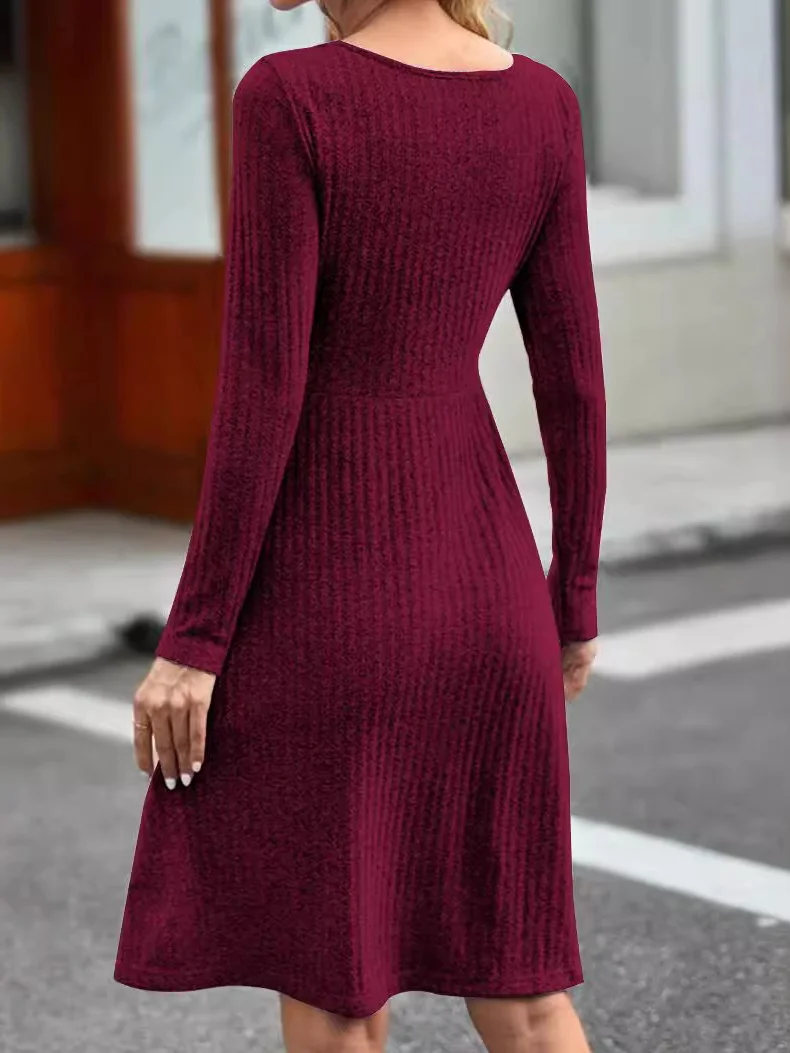 Women Plain Crew Neck Long Sleeve Comfy Casual Buttoned Midi Dress