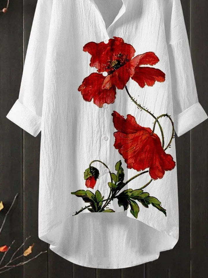 Shirt Collar Long Sleeve Floral Regular Loose TUNIC Shirt For Women