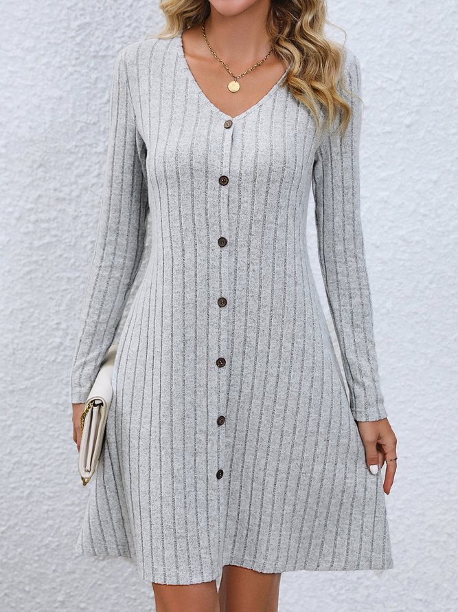 Women Plain V Neck Long Sleeve Comfy Casual Buttoned Midi Dress