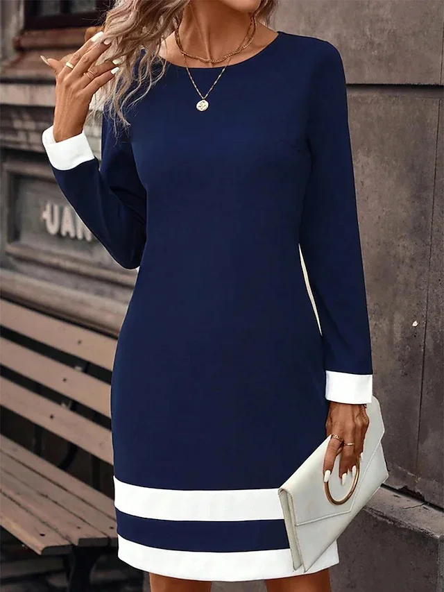 Women Contrast Stitching Crew Neck Long Sleeve Comfy Casual Midi Dress