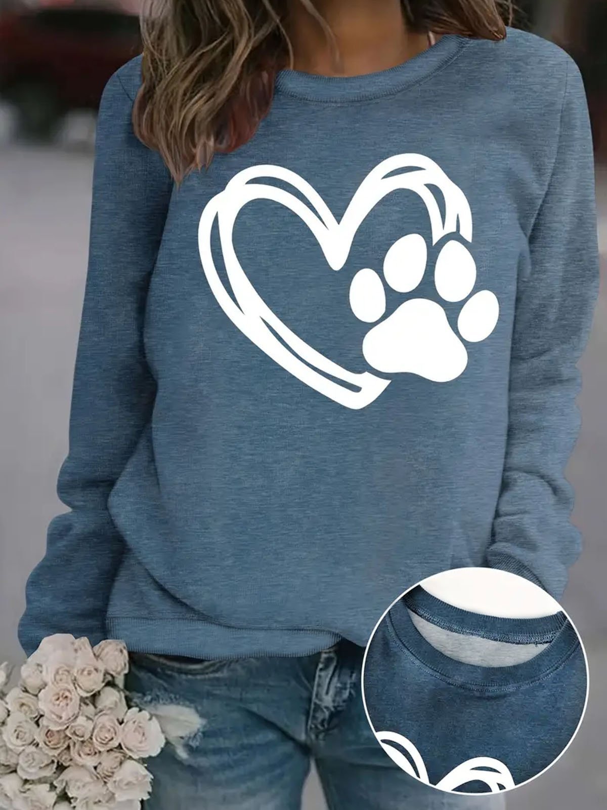 Casual Crew Neck Heart/Cordate Sweatshirt