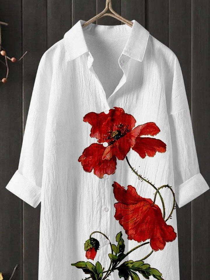 Shirt Collar Long Sleeve Floral Regular Loose TUNIC Shirt For Women