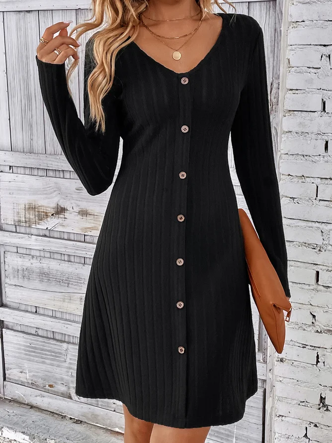 Women Plain V Neck Long Sleeve Comfy Casual Buttoned Midi Dress