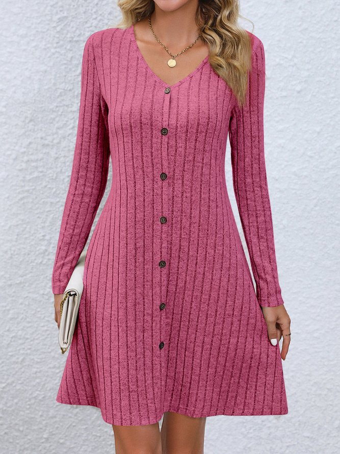 Women Plain V Neck Long Sleeve Comfy Casual Buttoned Midi Dress