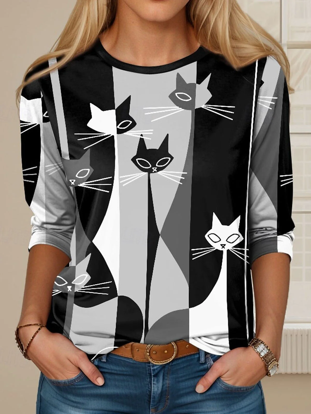 Casual Cat Crew Neck Long Sleeve T-shirt