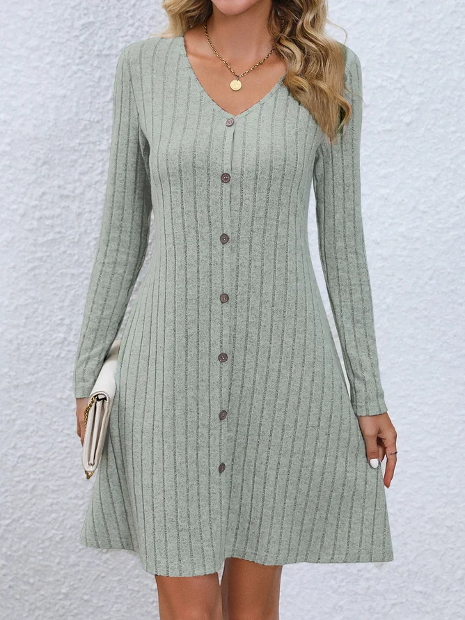 Women Plain V Neck Long Sleeve Comfy Casual Buttoned Midi Dress