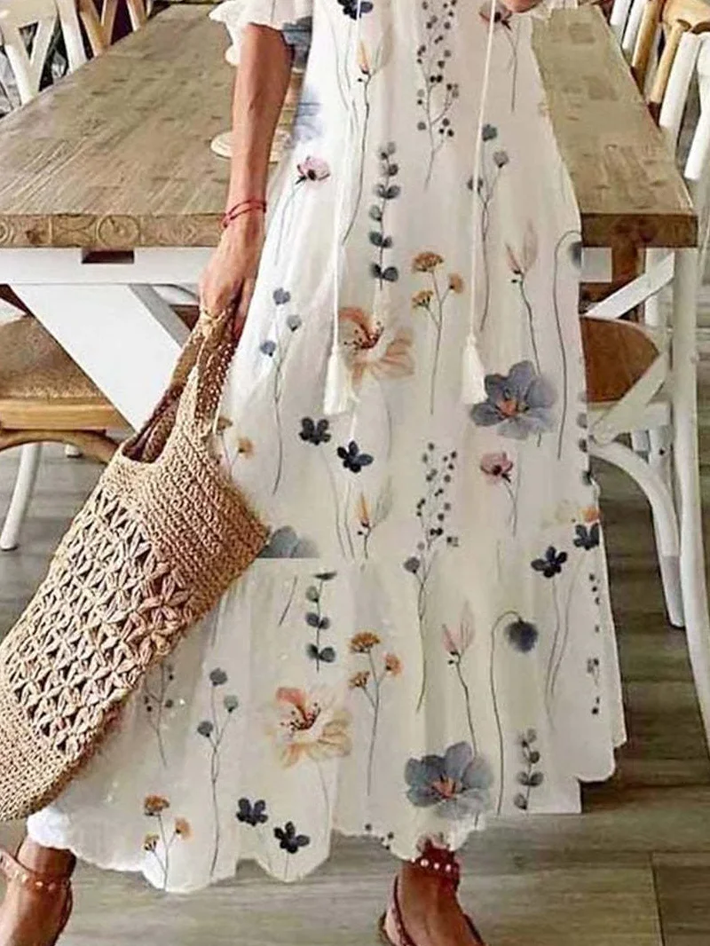 Women Floral V Neck Three Quarter Sleeve Comfy Casual Maxi Dress