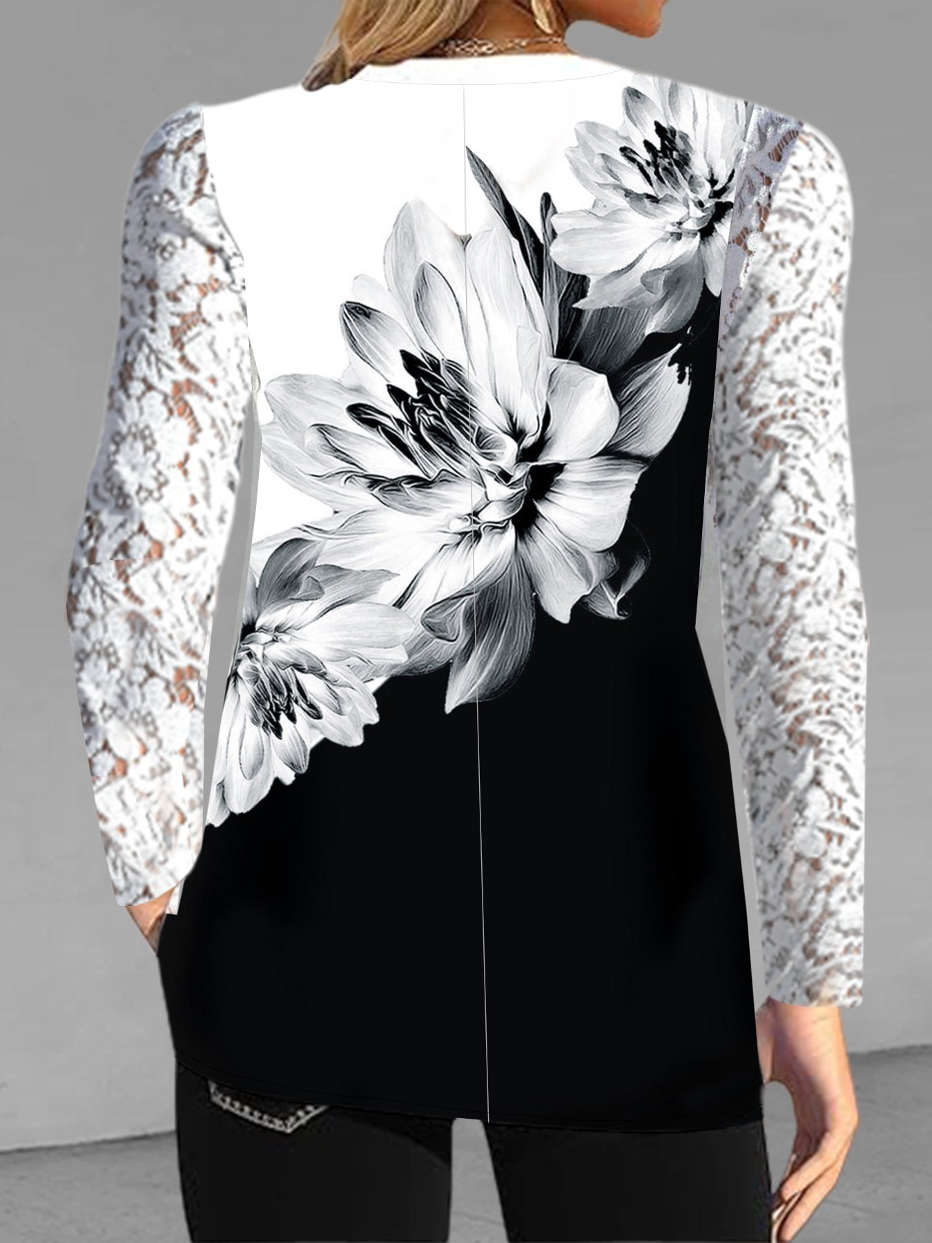 V Neck Long Sleeve Floral Lace Regular Loose Blouse For Women