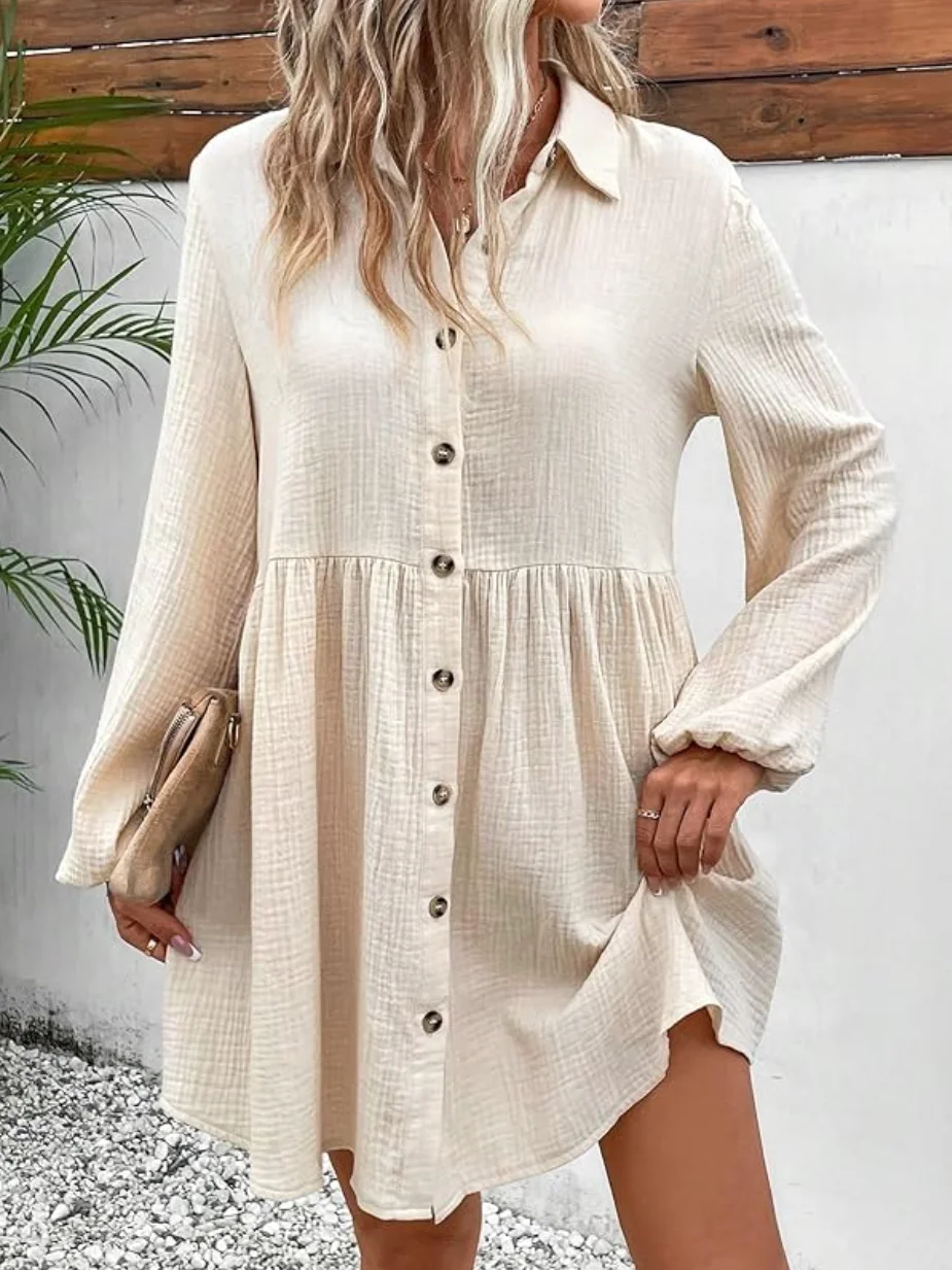 Women Plain Shawl Collar Long Sleeve Comfy Casual Buttoned Midi Dress