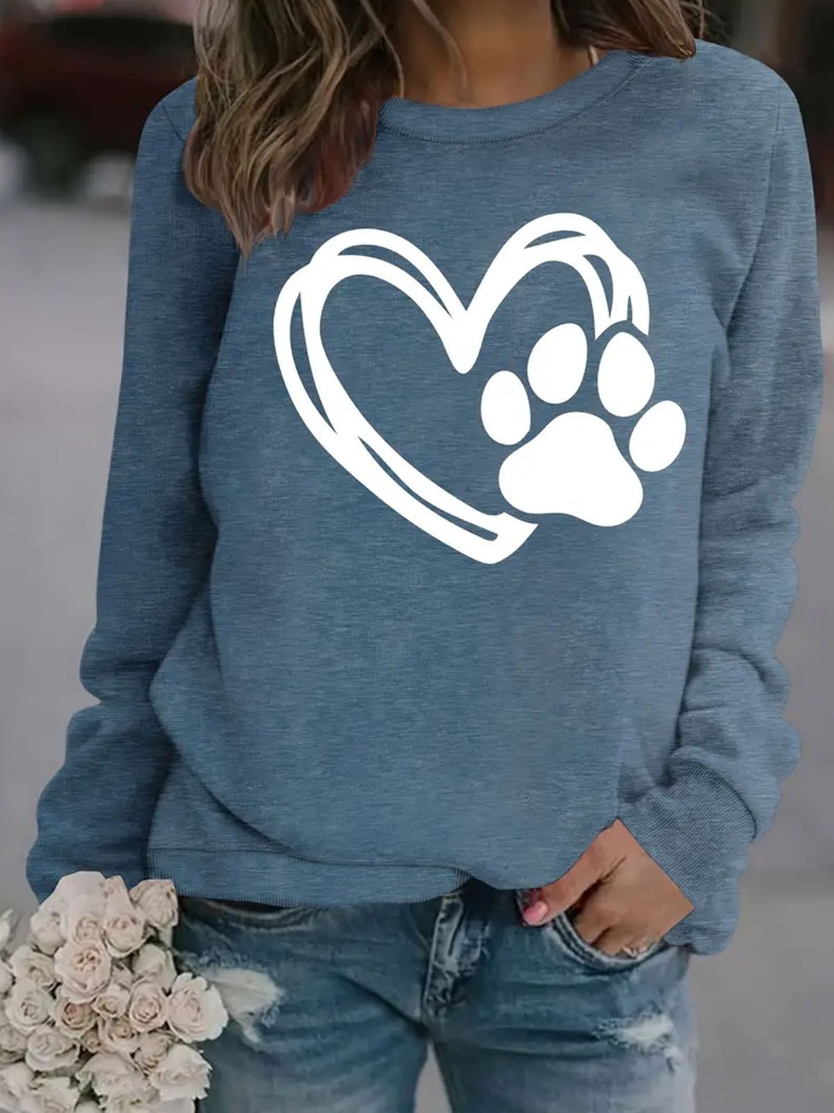 Casual Crew Neck Heart/Cordate Sweatshirt