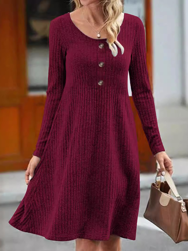 Women Plain Crew Neck Long Sleeve Comfy Casual Buttoned Midi Dress