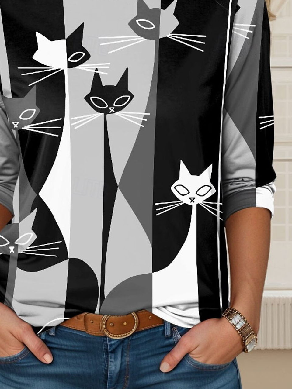 Casual Cat Crew Neck Long Sleeve T-shirt