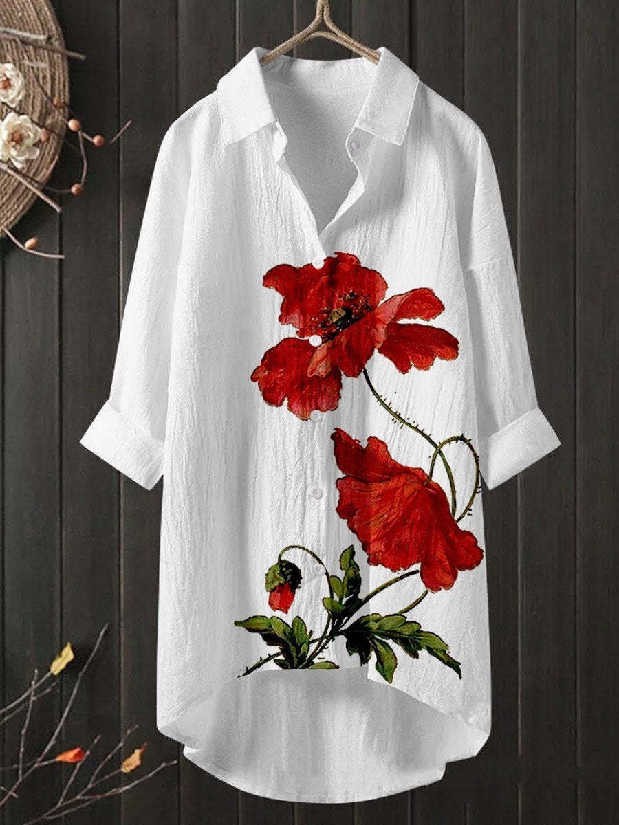 Shirt Collar Long Sleeve Floral Regular Loose TUNIC Shirt For Women