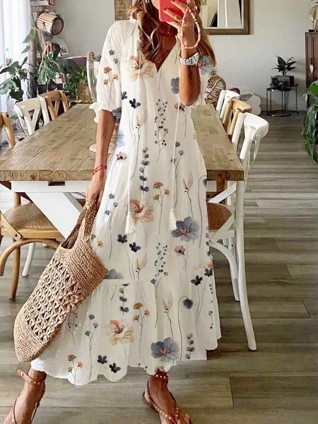 Women Floral V Neck Three Quarter Sleeve Comfy Casual Maxi Dress