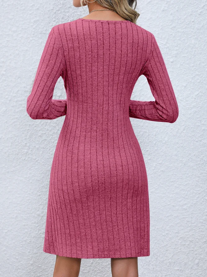 Women Plain V Neck Long Sleeve Comfy Casual Buttoned Midi Dress