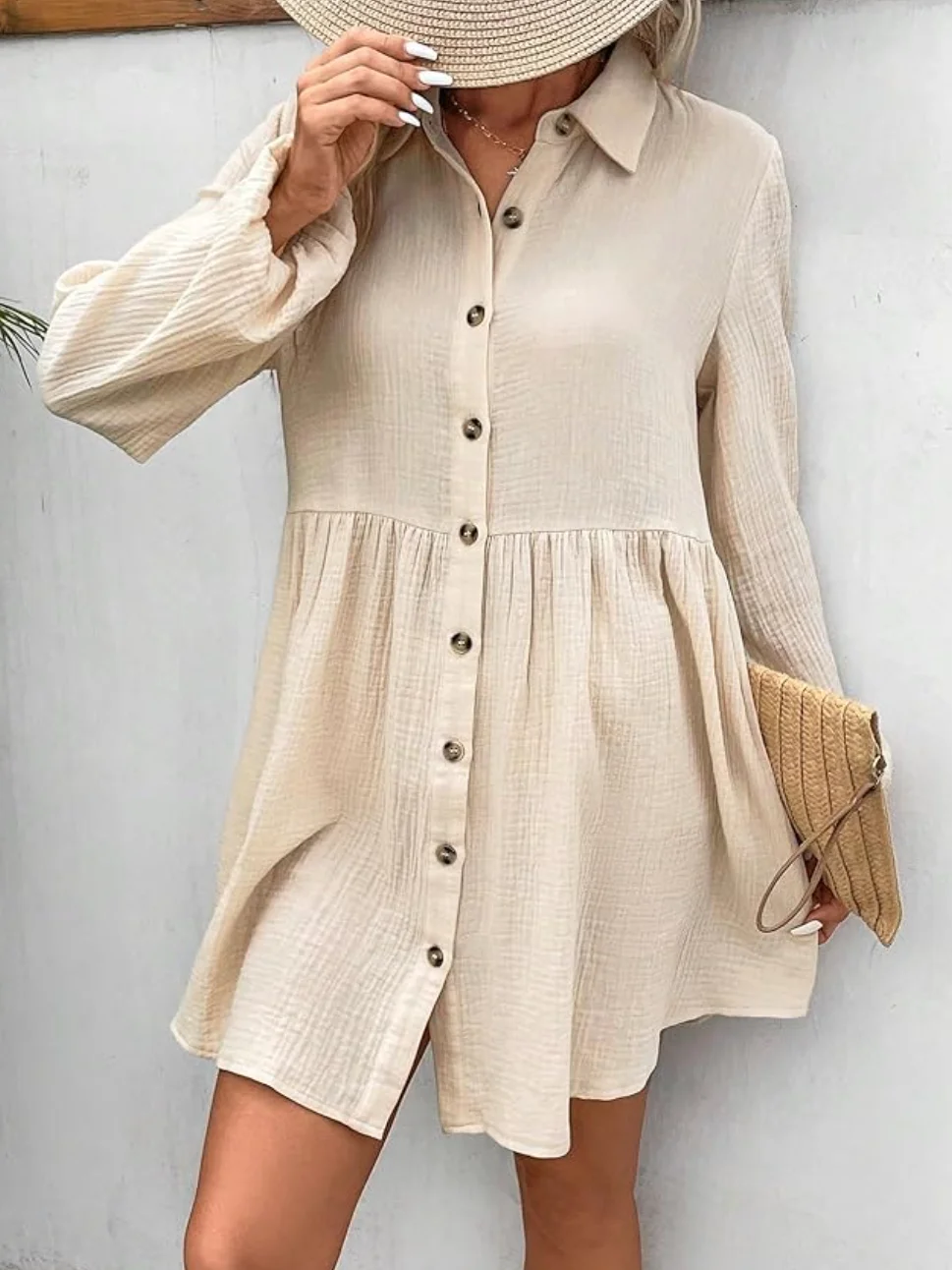 Women Plain Shawl Collar Long Sleeve Comfy Casual Buttoned Midi Dress