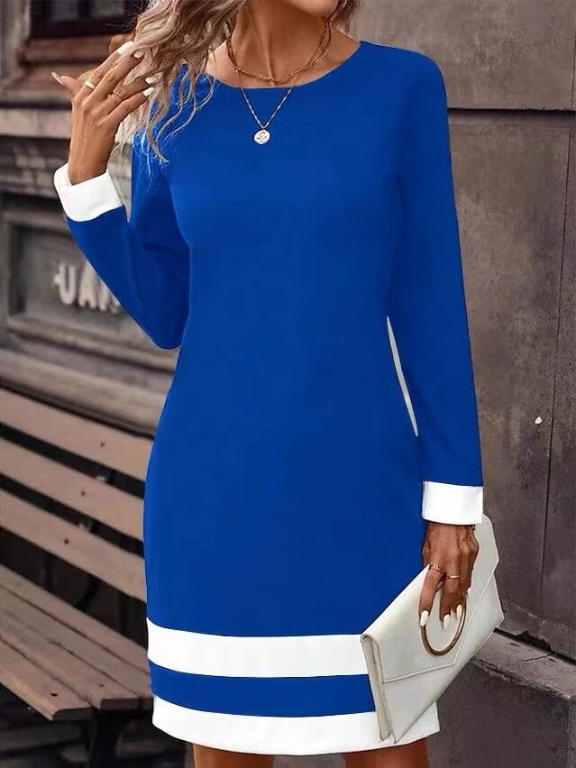 Women Contrast Stitching Crew Neck Long Sleeve Comfy Casual Midi Dress